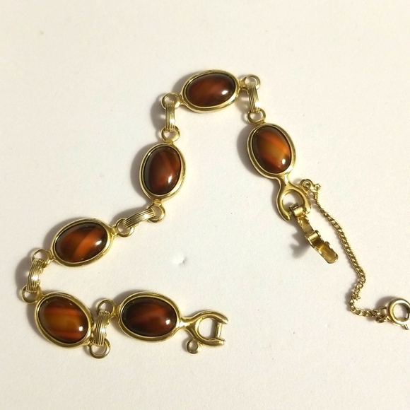 Sarah Cov Mid Century Agate Cabochons Golden Bracelet W Dafety Chain - Picture 8 of 15